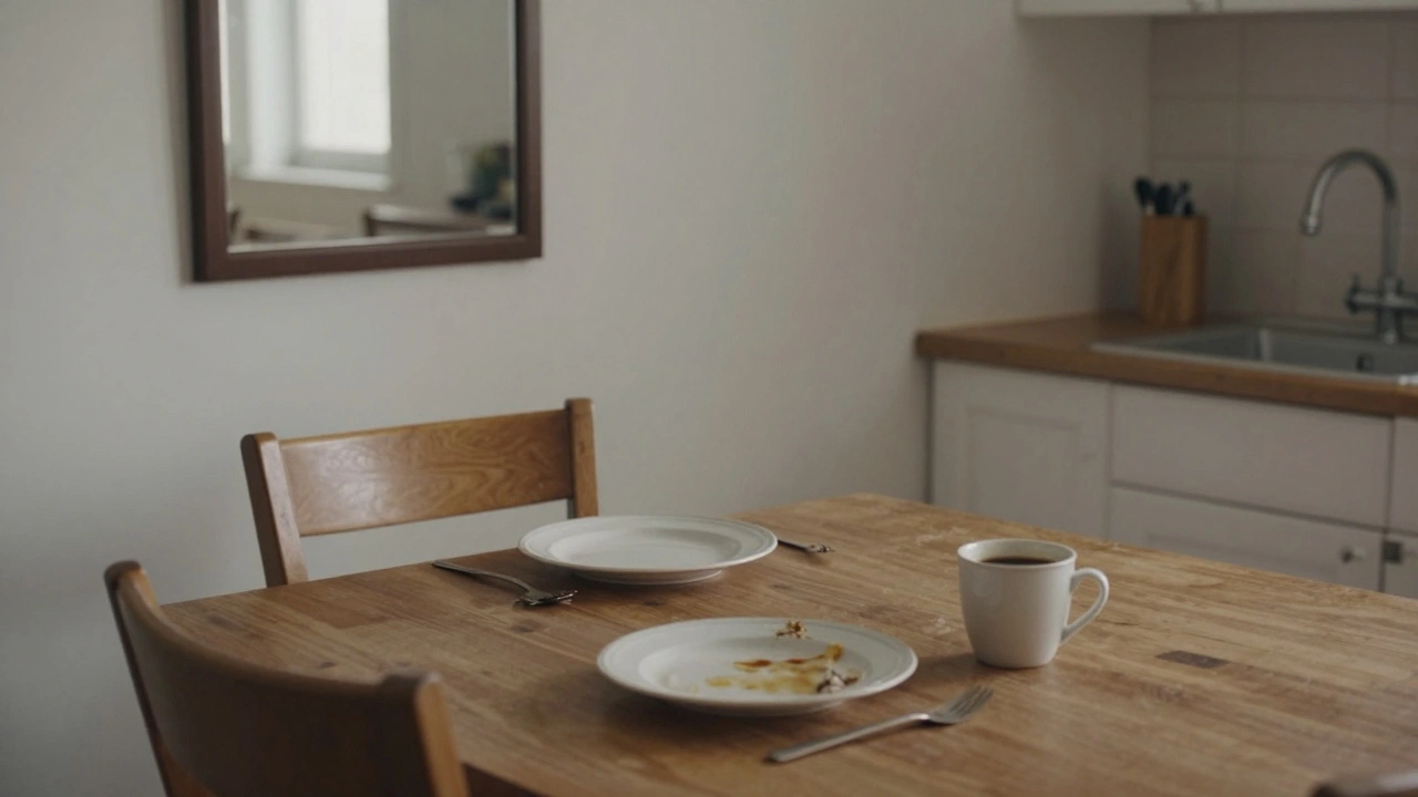 Une chaise vide à une table de cuisine, avec un miroir reflétant seulement l'absence.