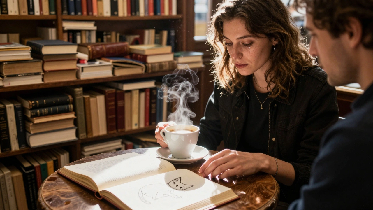 Une femme dans une librairie-café, la main près de celle de l'homme, un croquis de chat sur la table.