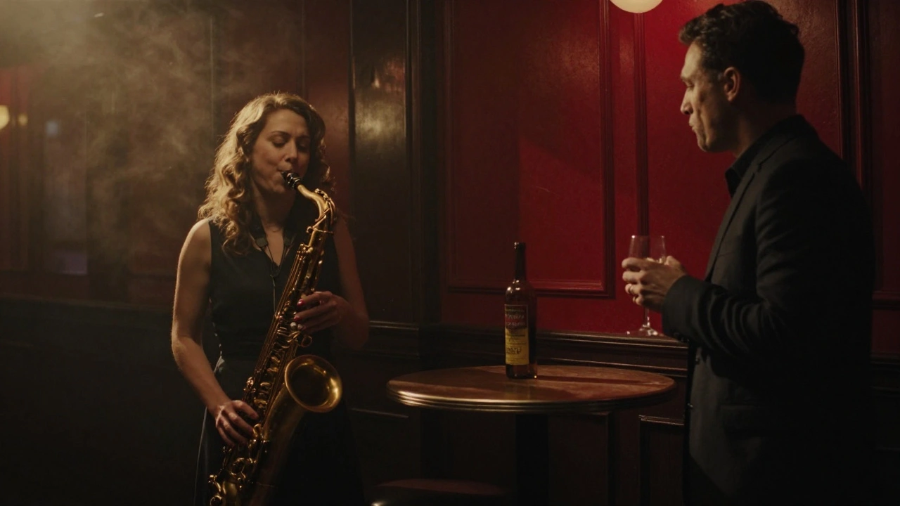 Une femme ferme les yeux au Caveau de la Huchette, absorbée par la musique de jazz, tandis qu’un homme l’observe à distance dans la pénombre.