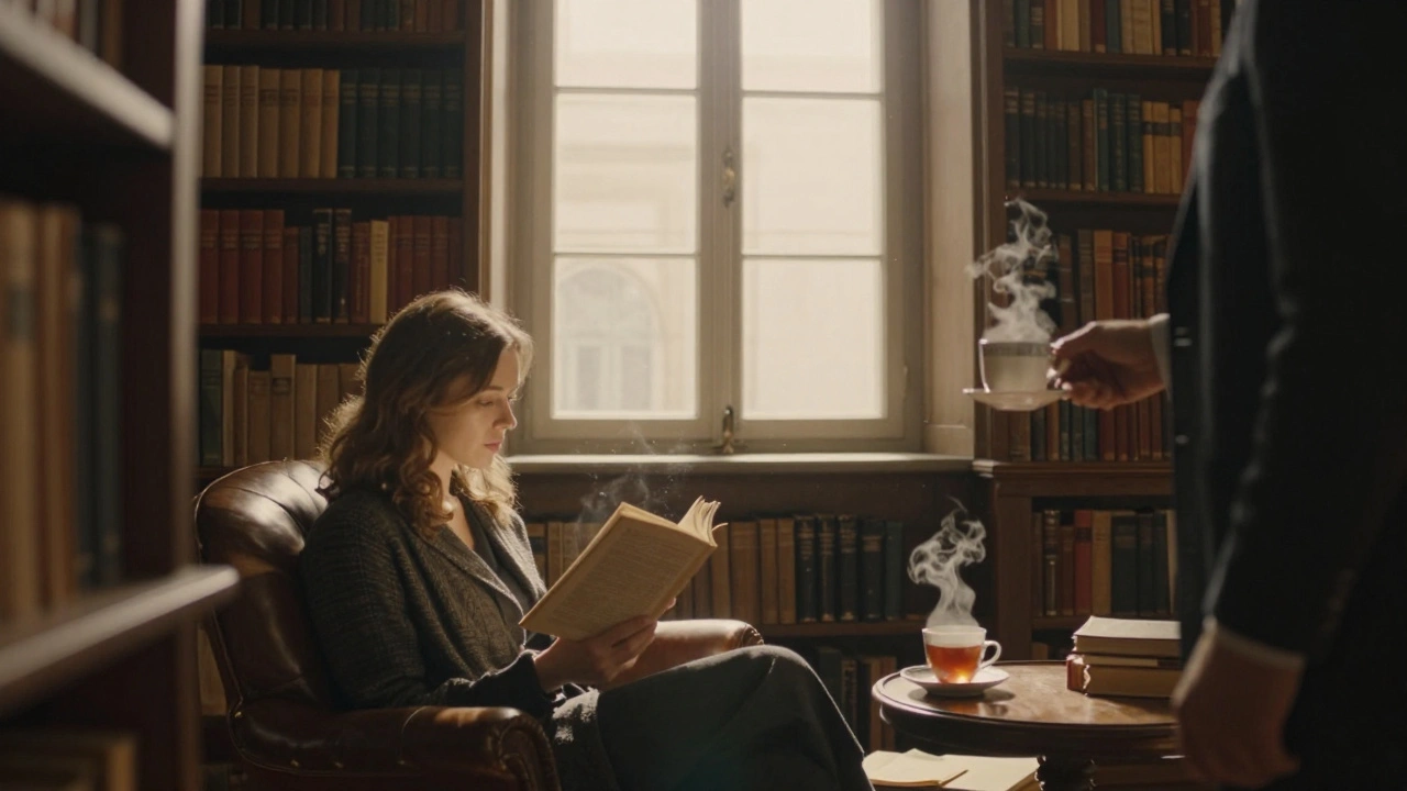 Une femme lit Proust dans une bibliothèque secrète, un thé fume près d'elle, la lumière du soir entre par les fenêtres.