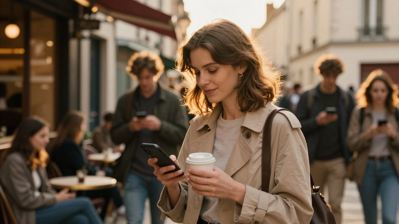 Une femme marche à Montmartre, en train d’écrire un message authentique sur son téléphone, entourée de l’ambiance vivante de Paris.