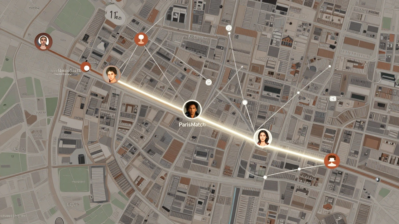 Une interface numérique montre des connexions entre quartiers parisiens, symbolisant une application de rencontre locale.