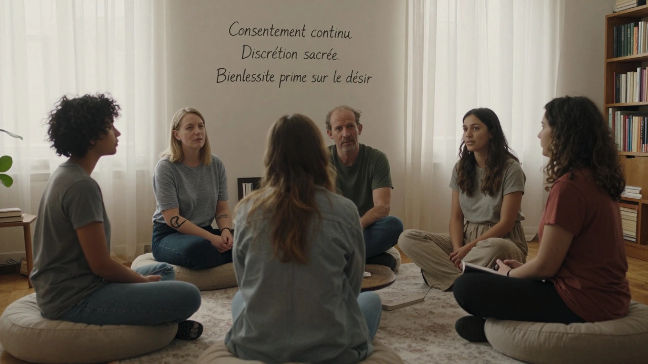 Cinq couples en cercle dans un salon, engagés dans une conversation sincère, entourés de règles écrites à la main.