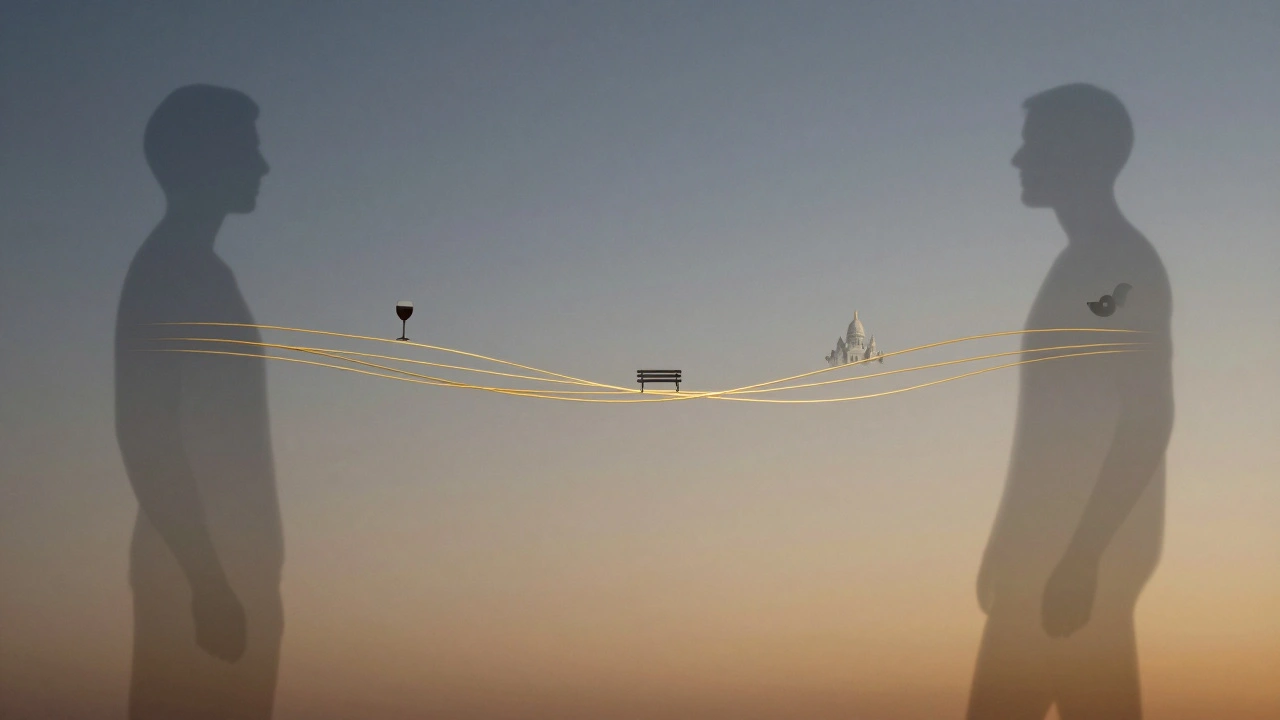 Des fils dorés relient deux silhouettes abstraites, portant des symboles de vin, de jazz et d'un banc à Montmartre.