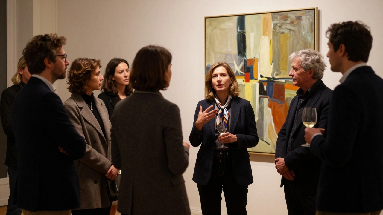 Des professionnels discutent d'art lors d'une exposition privée à Lyon.