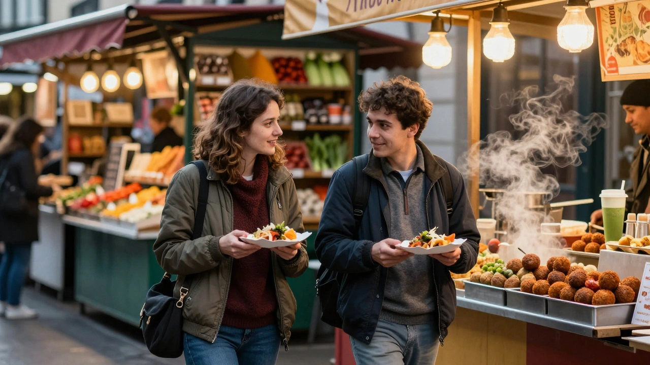 Deux individus marchant et partageant des spécialités du marché des Enfants Rouges à Paris.