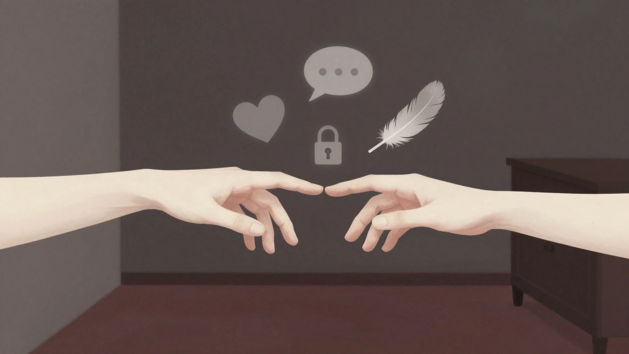 Deux mains se rapprochent doucement, symbolisant désir, communication et respect.