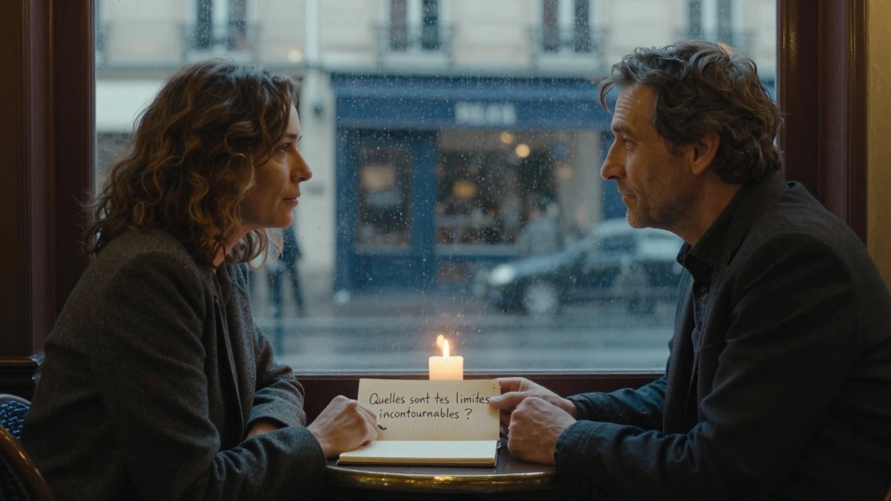 Deux personnes assises face à face dans un café parisien, échangeant un silence chargé de sens, sans toucher.