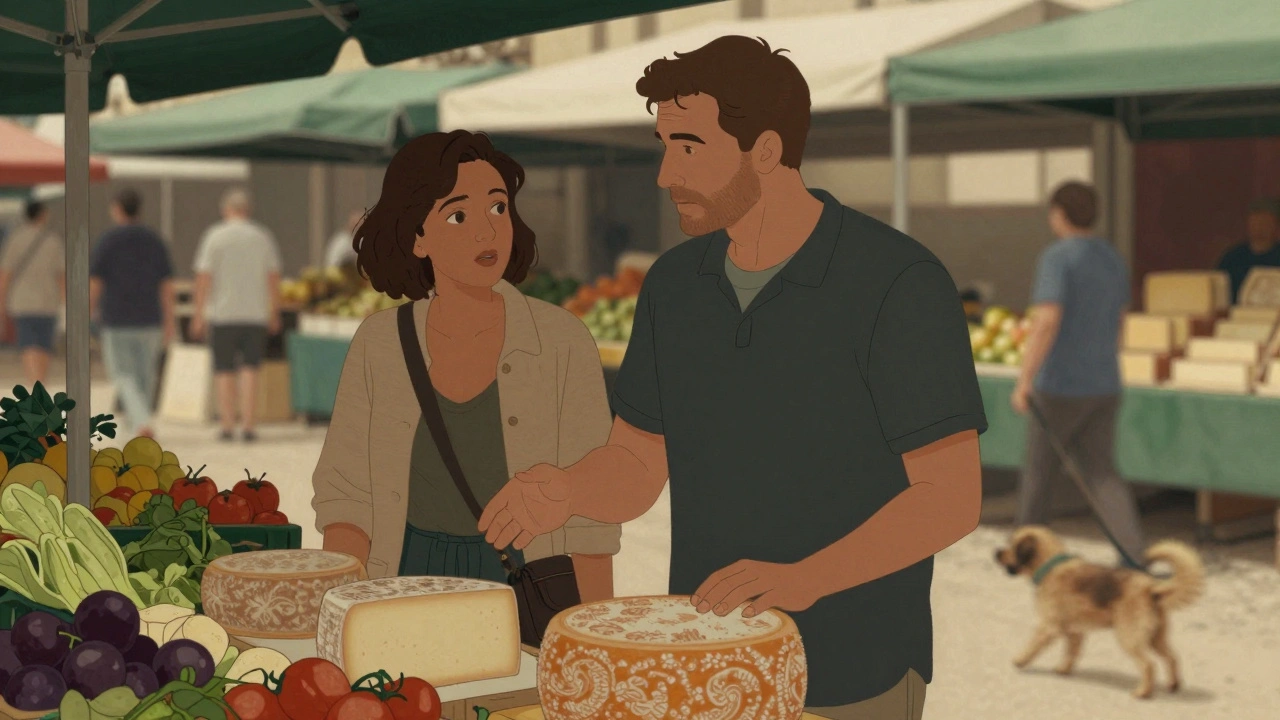 Deux personnes discutent naturellement au marché d'Aligre, autour de fromages et de produits frais.