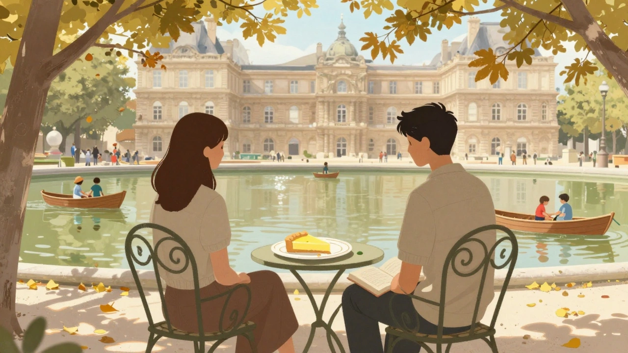 Deux personnes reposent dans le Jardin du Luxembourg, partageant une tarte au citron sous un arbre.