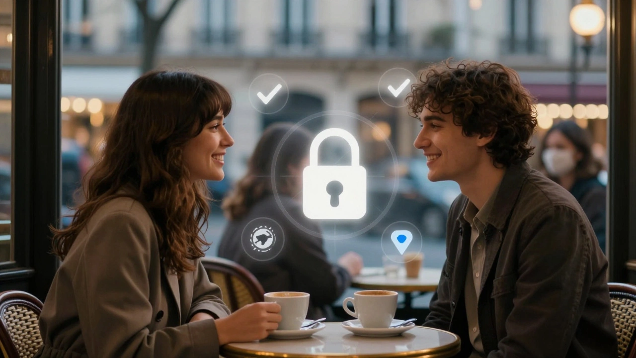 Deux personnes se rencontrant pour la première fois dans un café parisien, entourées de symboles de sécurité subtils.