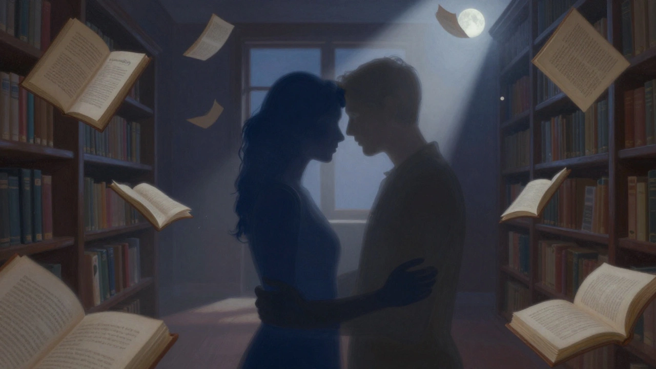 Deux silhouettes humaines se connectent dans une bibliothèque, entourées de mots clés de relation profonde.