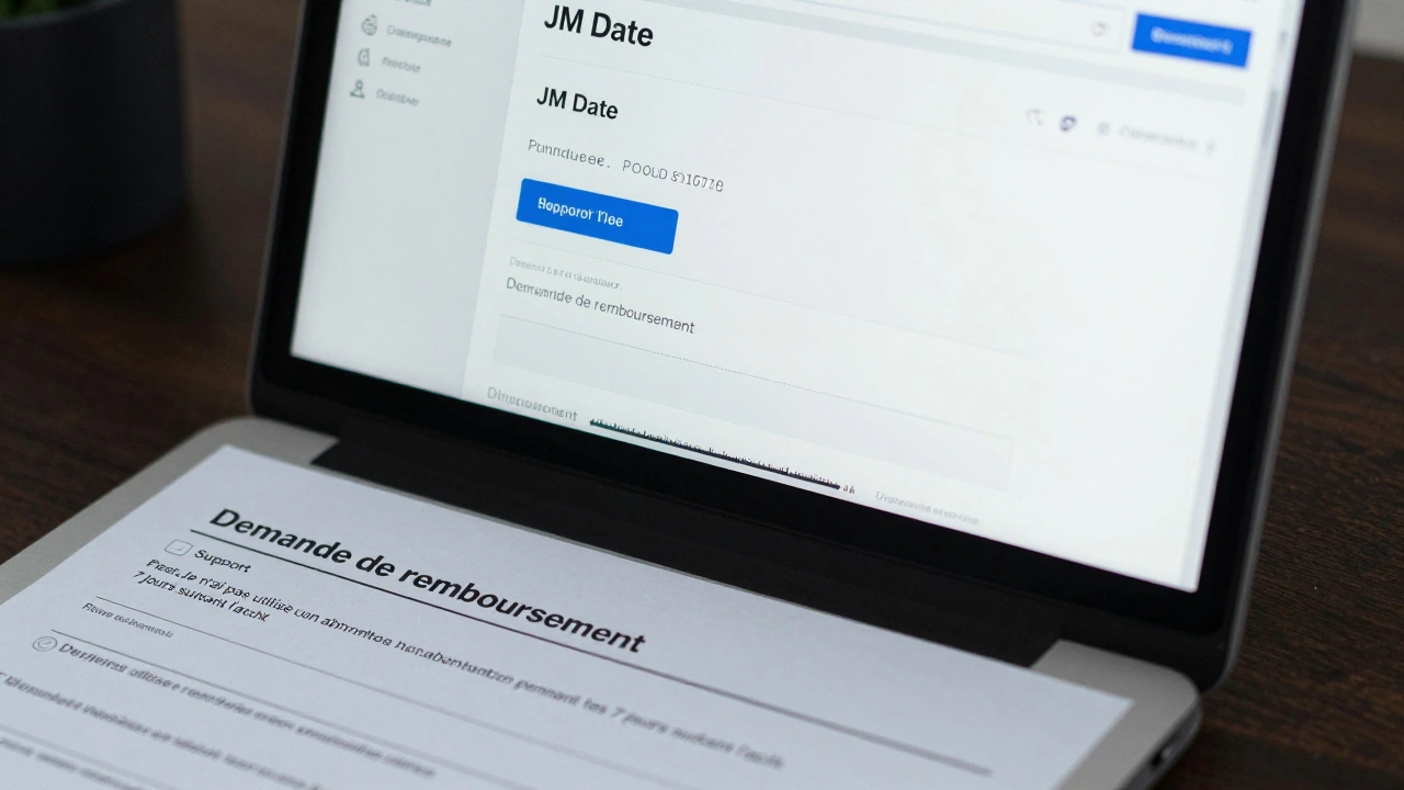 Écran d'ordinateur affichant un e-mail de confirmation et un formulaire de remboursement rempli.