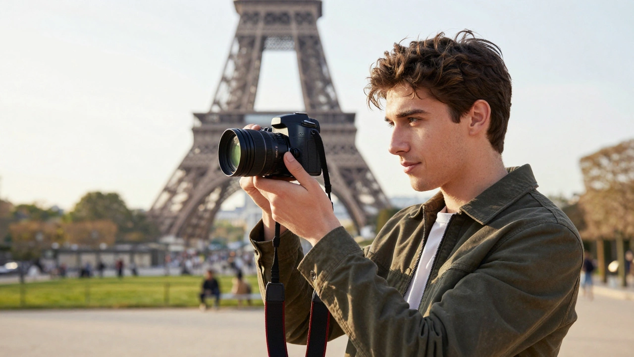 Femme prenant une photo claire pour son profil dans un parc parisien.