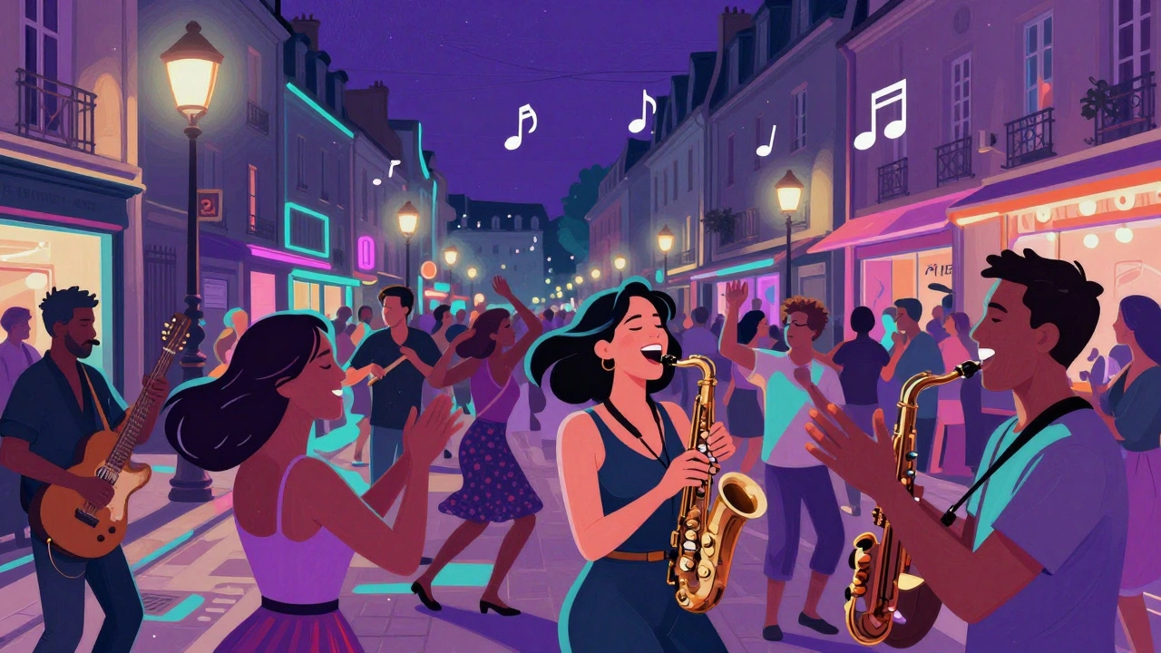 Fête de la Musique, foule dansant dans les rues de Paris avec musiciens.