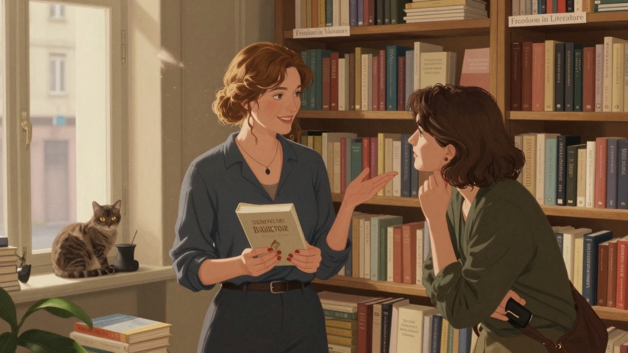 Juliette et Élodie partagent un moment calme dans une librairie féminine, livres et chat en arrière-plan.