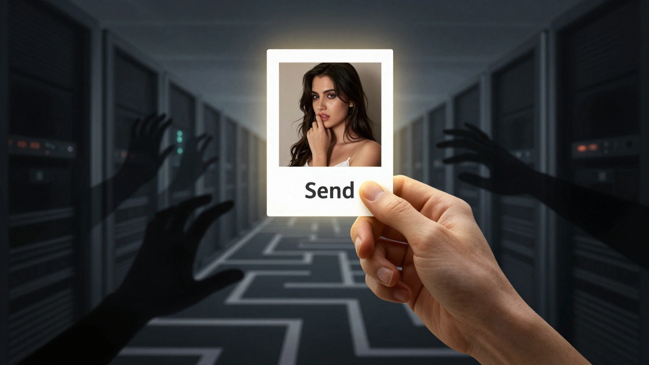 Main hésitant à envoyer une photo intime, tandis que des mains fantômes tentent de la saisir dans un monde numérique sombre.