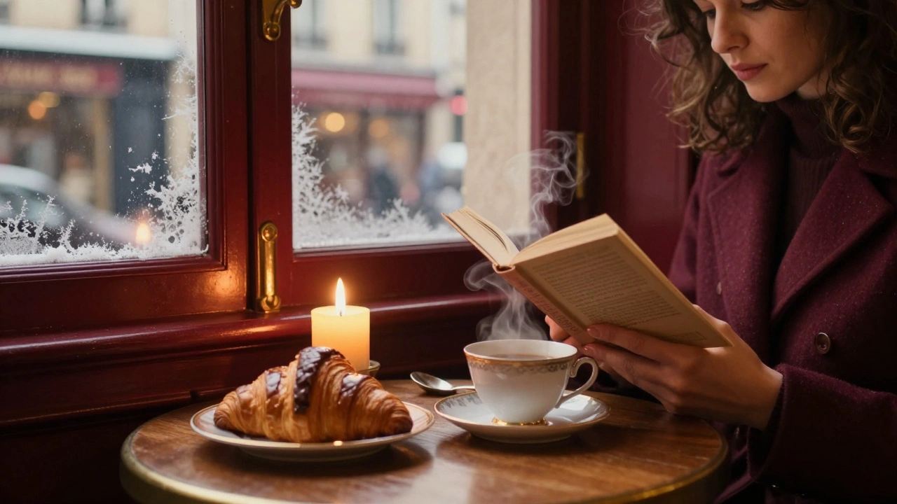 Salon de thé du Marais en hiver, discussions intimes autour de thé et croissants.