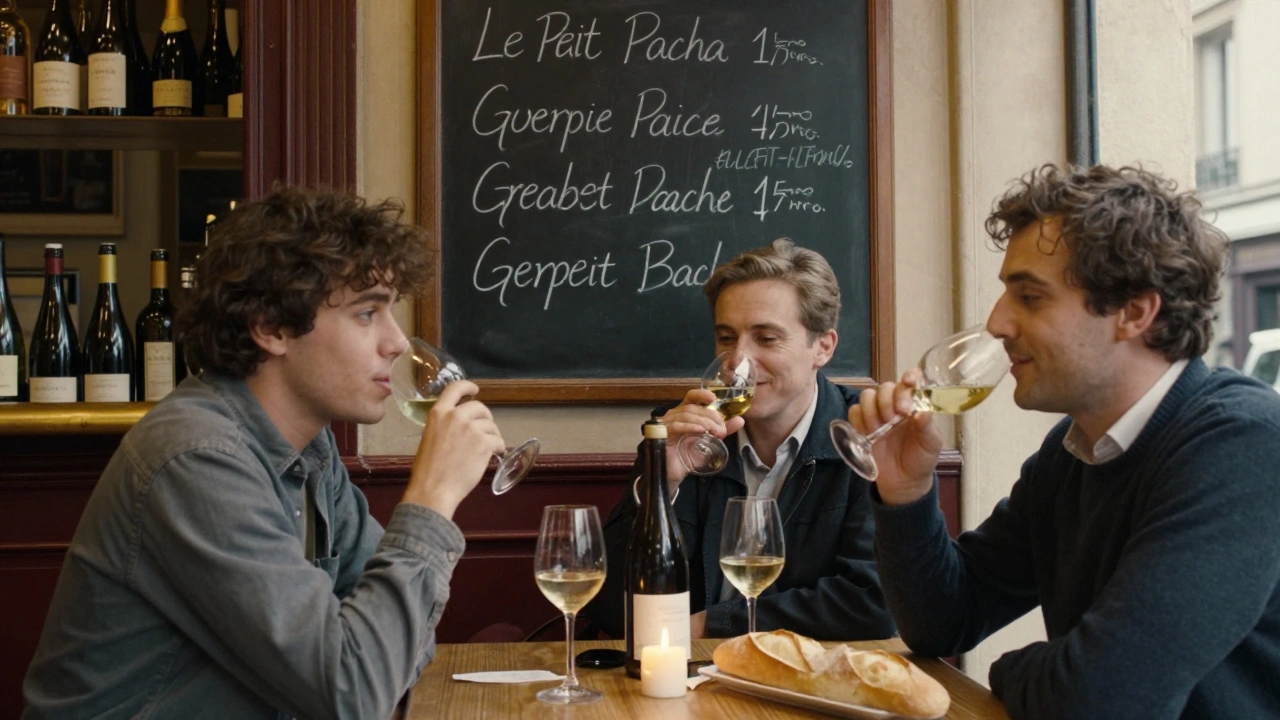 Trois personnes au Bar Le Petit Pacha, sirotant du vin naturel dans un cadre chaleureux et intime sans touristes.