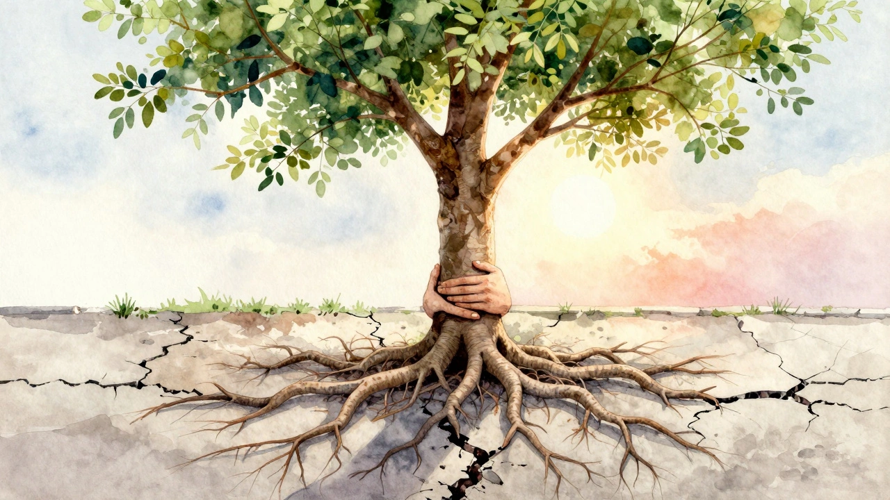 Un arbre qui pousse d'une fissure de trottoir, ses racines formant des mains entrelacées, symbole de relation lente et sincère.