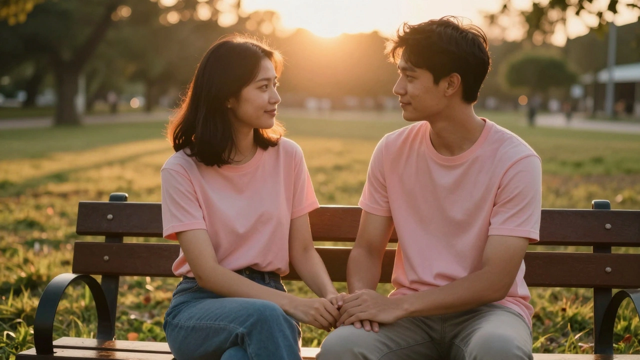 Un couple discutant sur un banc de parc au coucher de soleil, main dans la main.