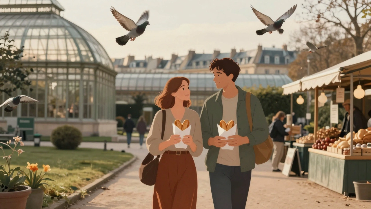 Un couple marche dans un jardin botanique parisien au crépuscule, tenant des pâtisseries, sous un ciel doré.