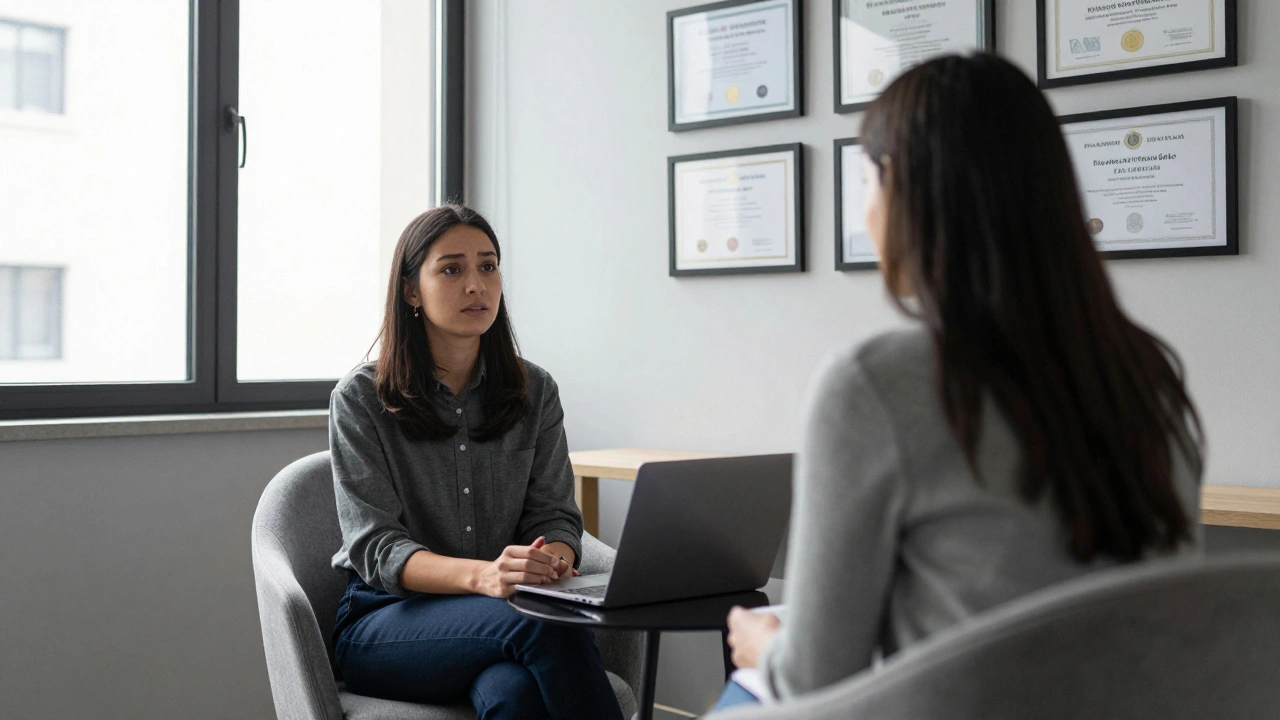 Un entretien psychologique sérieux entre un coach et un candidat, dans une pièce lumineuse et calme, sans écran ni appareil numérique.