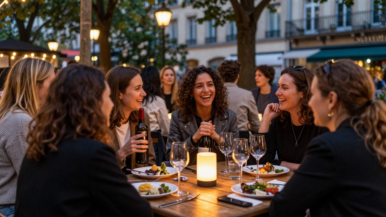 Un événement social pour célibataires à Lyon, avec des personnes qui discutent et rient autour de tables en plein air.