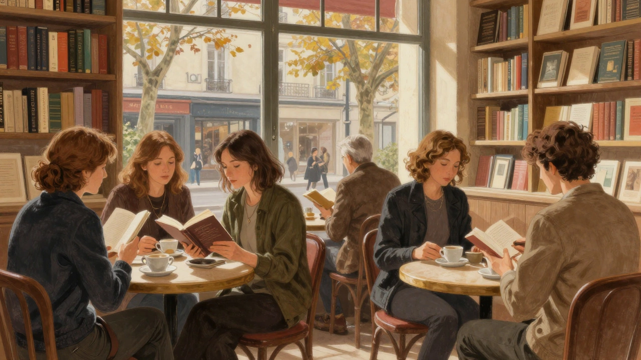 Un groupe de membres d'Elite Rencontre échangeant des histoires dans une librairie-café à Lyon, entourés de livres, dans une atmosphère apaisante.