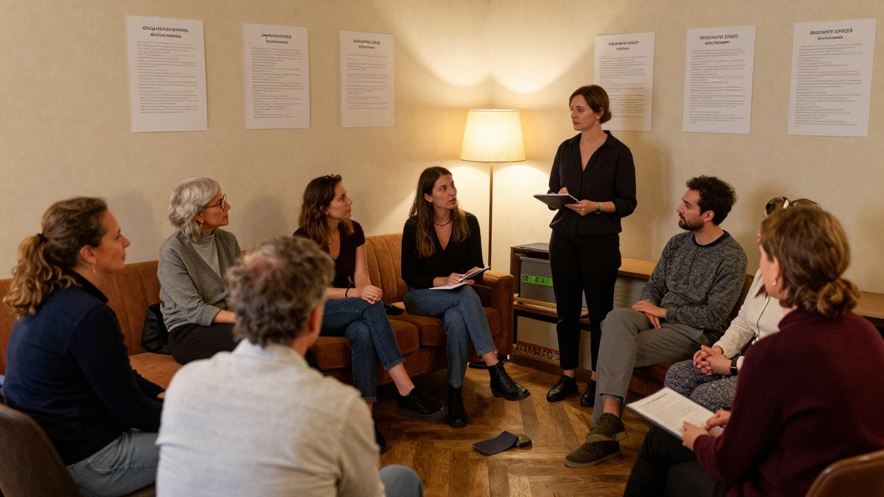 Un groupe de personnes âgées participe à une soirée guidée sur la communication intime.