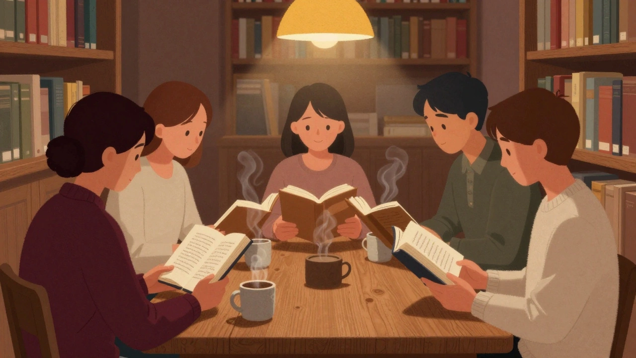 Un groupe de personnes en train d'écouter quelqu'un lire à voix haute dans une bibliothèque parisienne, sous une lumière douce.