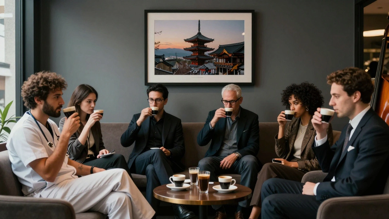 Un groupe discret d'individus accomplis se retrouvent dans un salon privé, ambiance apaisante et luxe subtil, sans téléphone ni bruit.