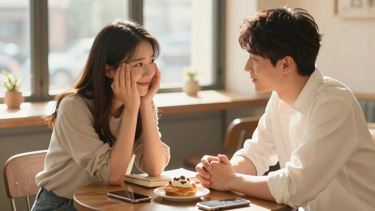 Un homme et une femme discutant dans un café du matin, sans téléphones, dans une atmosphère chaleureuse et authentique.