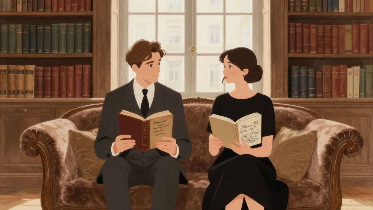 Un homme et une femme partagent un moment calme dans une bibliothèque, chacun tenant un livre ancien, lumière naturelle et intimité profonde.