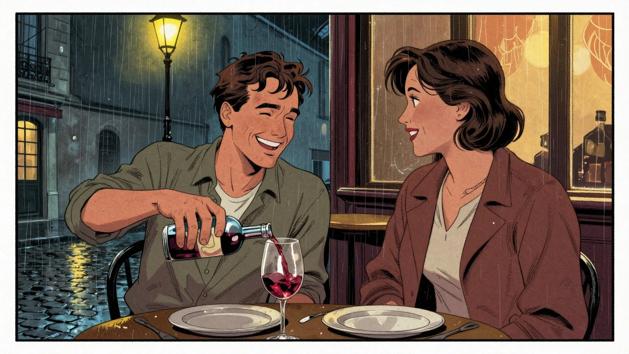 Un homme rit en buvant du vin, sa compagne sourit près de lui dans un petit bistrot parisien, lumières douces.