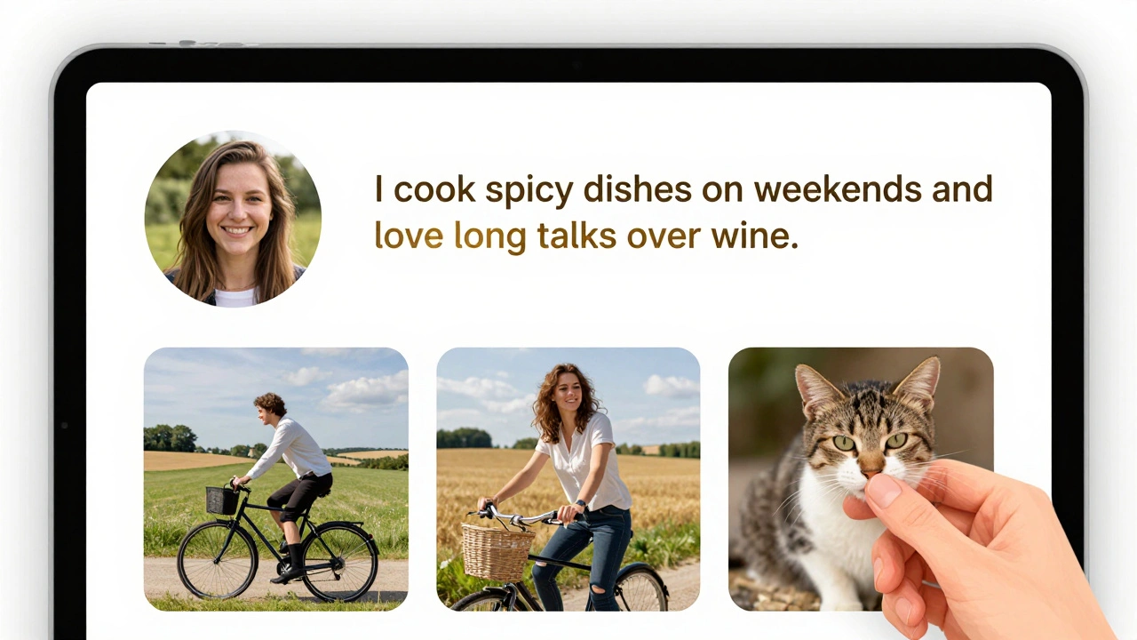 Un profil de rencontre avec trois photos naturelles : un sourire sincère, une balade à vélo, et une main caressant un chat.