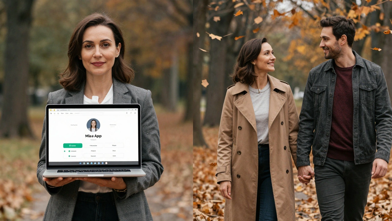 Une femme mature passe d’un profil en ligne vérifié à une relation réelle, illustrant la transition vers une connexion authentique.