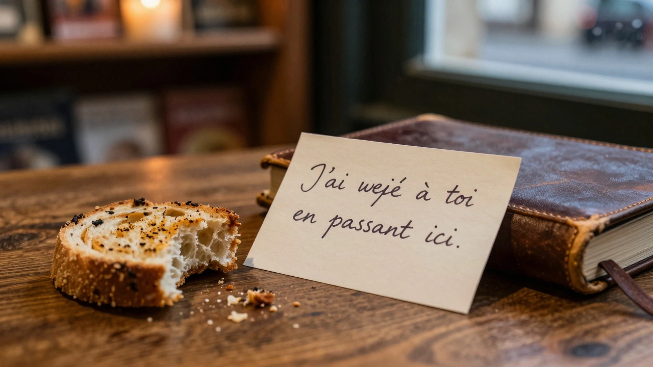 Une note manuscrite posée sur une table près d'un morceau de pain d'épice et d'un carnet en cuir.