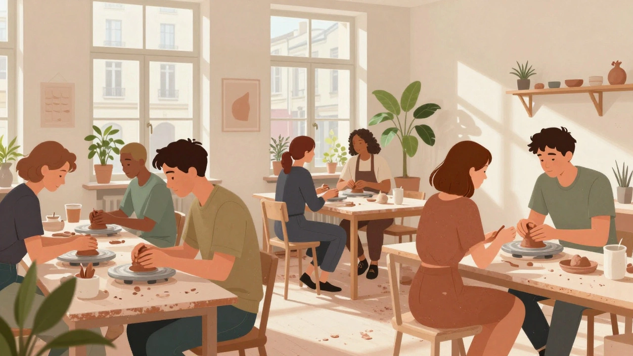 Atelier de poterie avec participants en train d'échanger naturellement