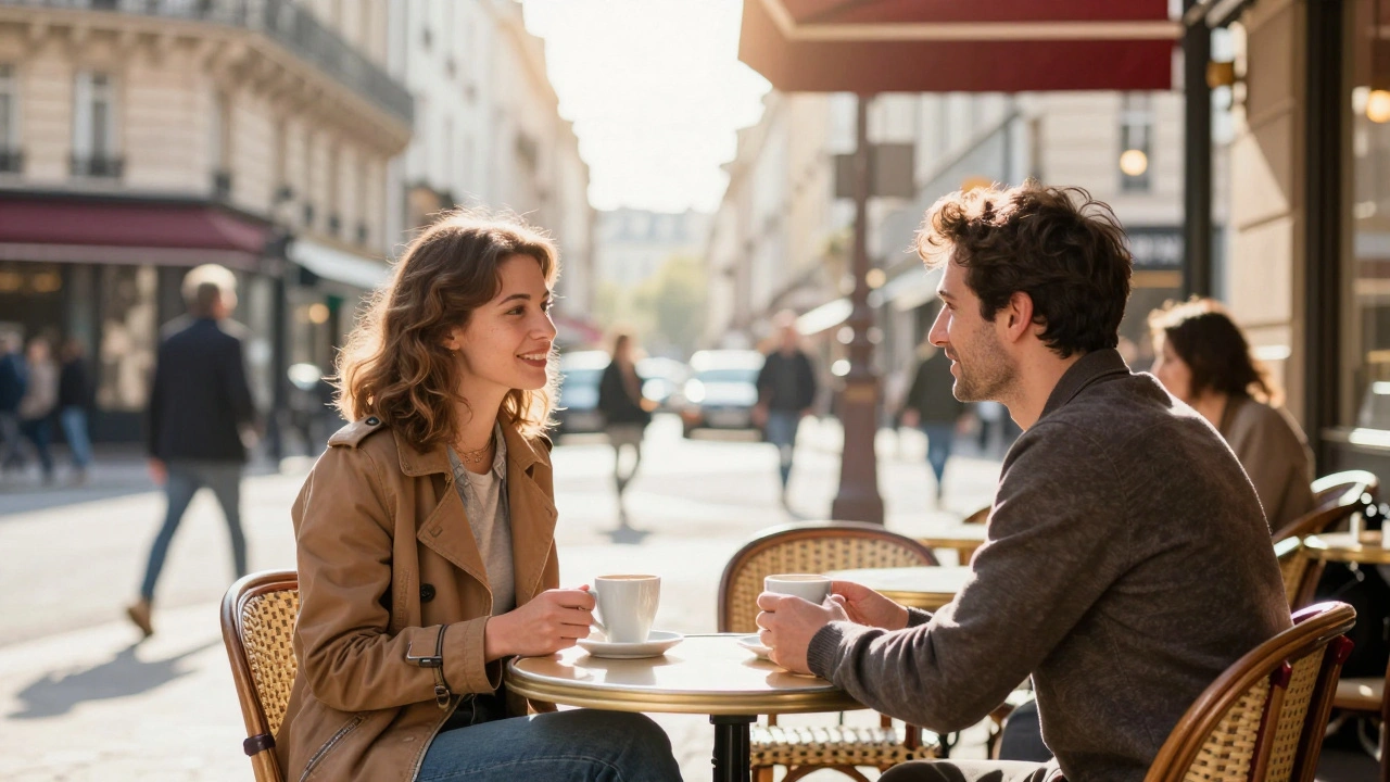 Couple rencontrant pour un café dans une terrasse publique parisienne.
