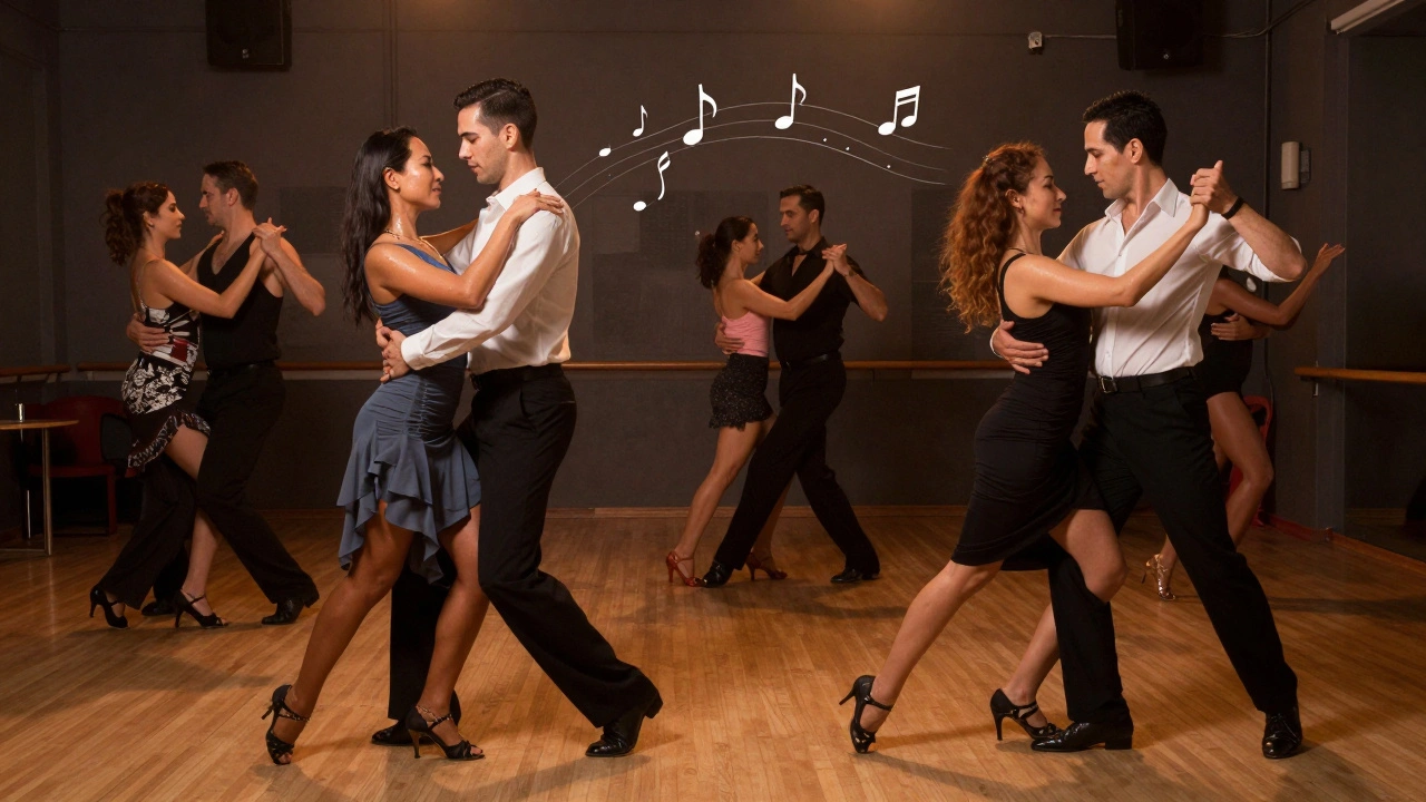 Des couples dansent la salsa dans un studio lumineux, leurs mouvements synchronisés reflétant une connexion physique et culturelle sans mots.