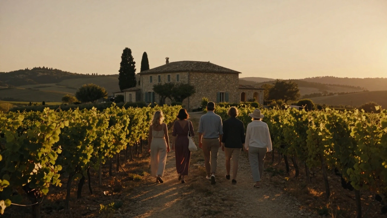 Des invités se promenant dans un vignoble provençal vers une villa isolée au coucher du soleil.