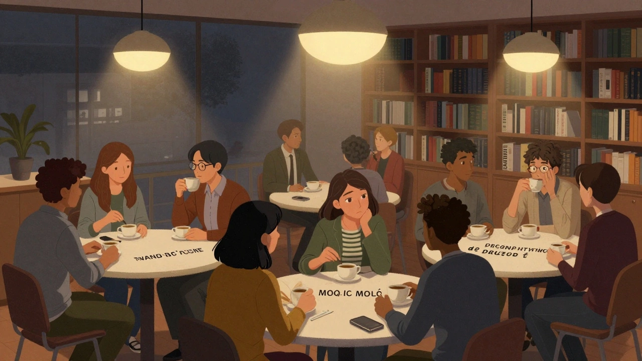 Des personnes discutent à des tables séparées par langues dans une médiathèque parisienne, buvant du café et échangeant des mots dans un climat chaleureux et bienveillant.