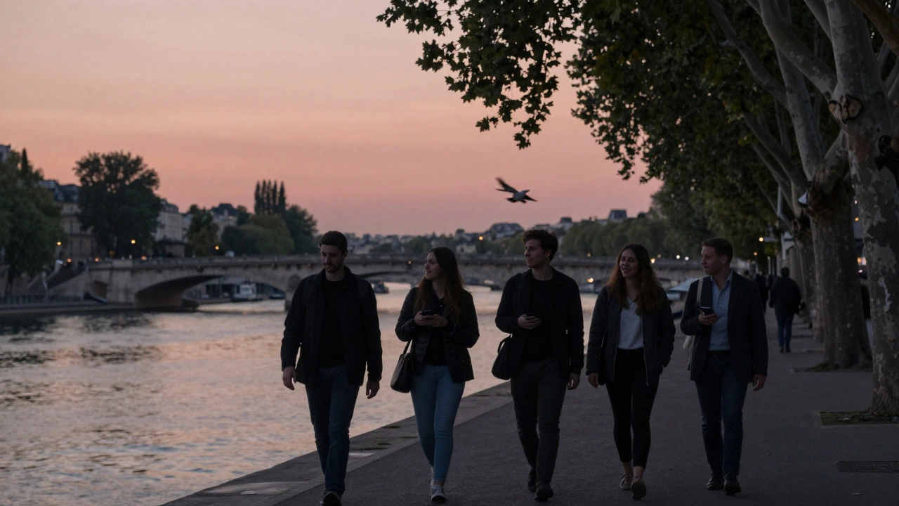 Des promeneurs marchent le long de la Seine au crépuscule, sans téléphone, dans une atmosphère paisible.
