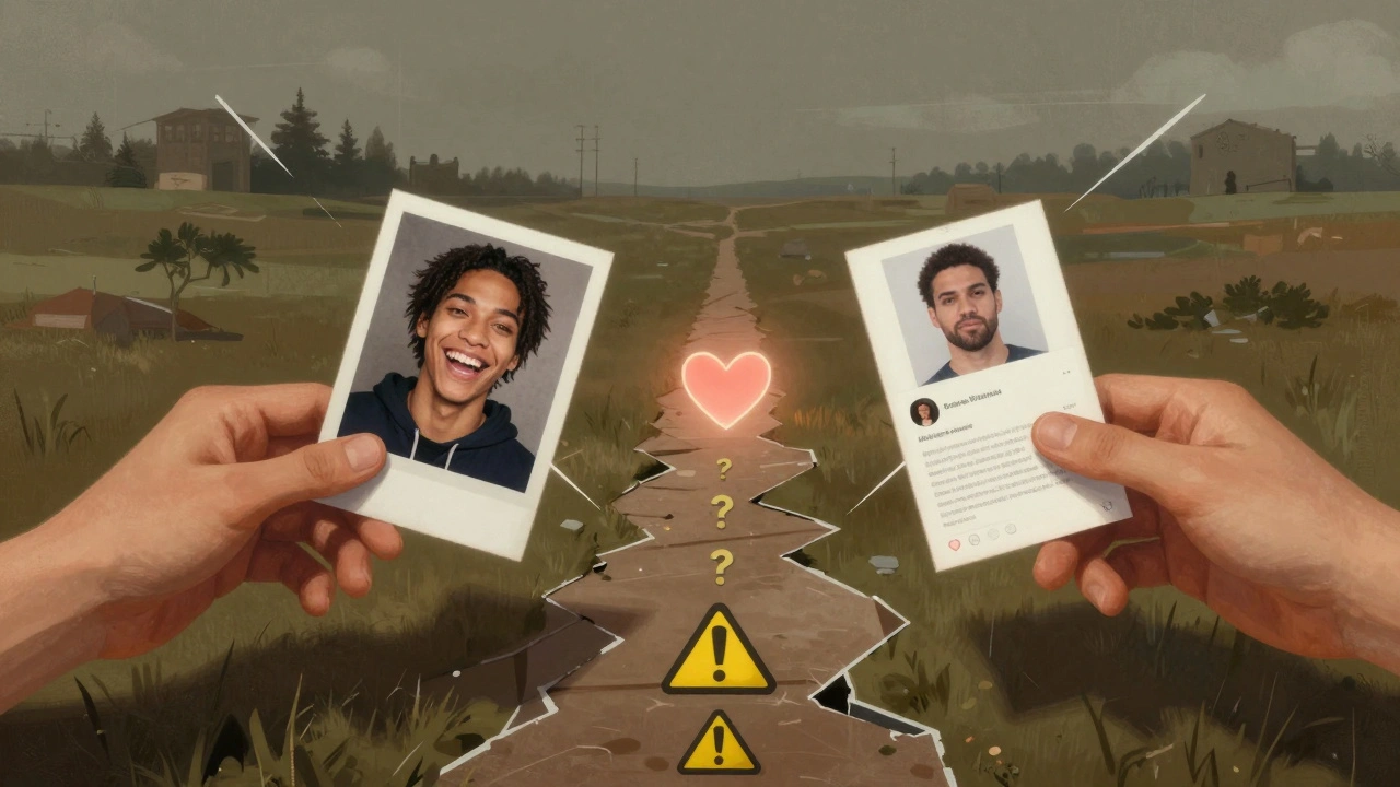 Deux mains s'étendent vers un cœur au milieu de profils authentiques et falsifiés.