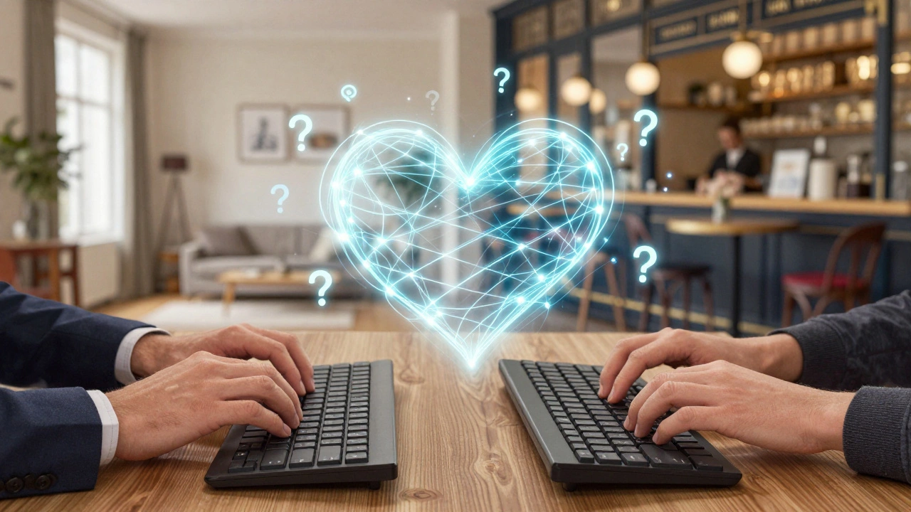 Deux mains tapent sur des claviers séparés, reliées par des fils lumineux formant un cœur, symbolisant une connexion authentique en ligne.