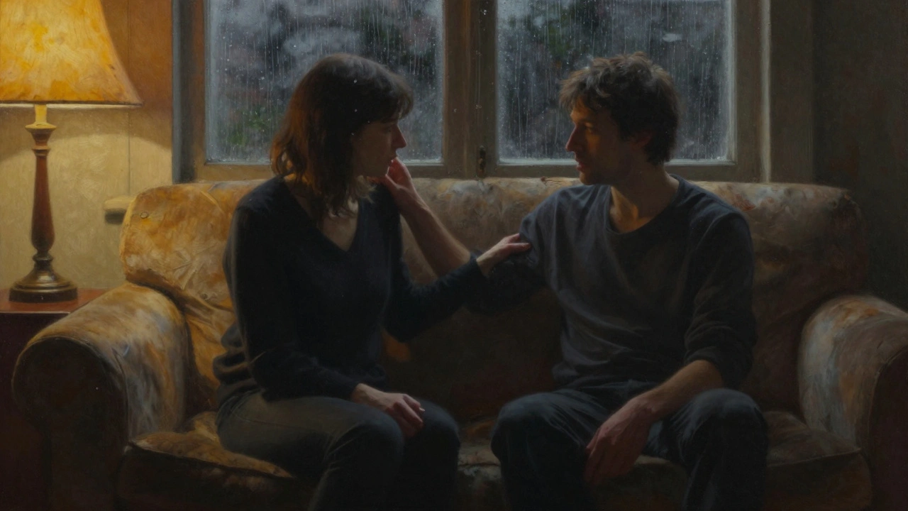 Deux personnes assises côte à côte, l'une écoutant l'autre avec tendresse, sans écran.