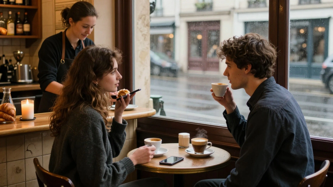 Deux personnes boivent du café dans un café sans téléphone à Paris, un appareil éteint sur le comptoir.