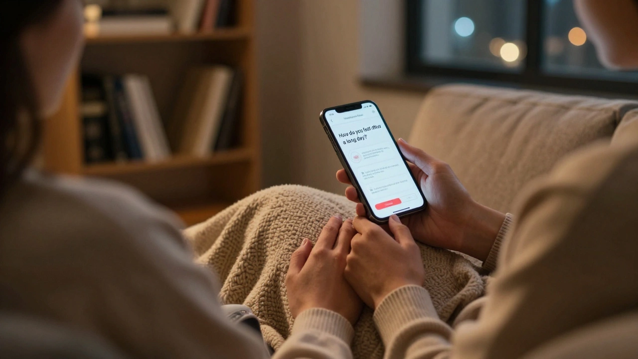 Deux personnes partagent un moment calme et émotionnellement profond en regardant une question de filtre émotionnel sur un téléphone.