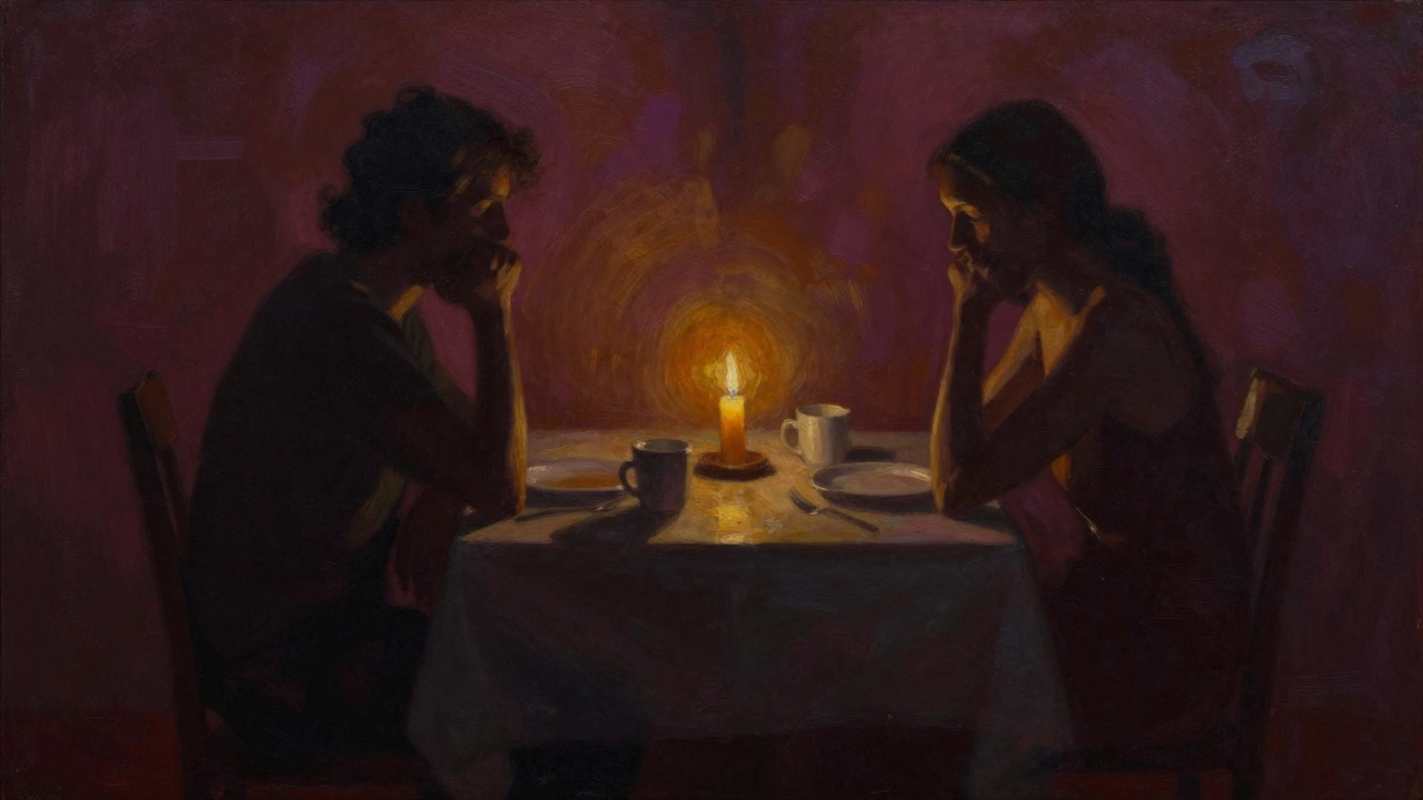 Deux silhouettes distantes autour d'une table à l'ambiance tendue